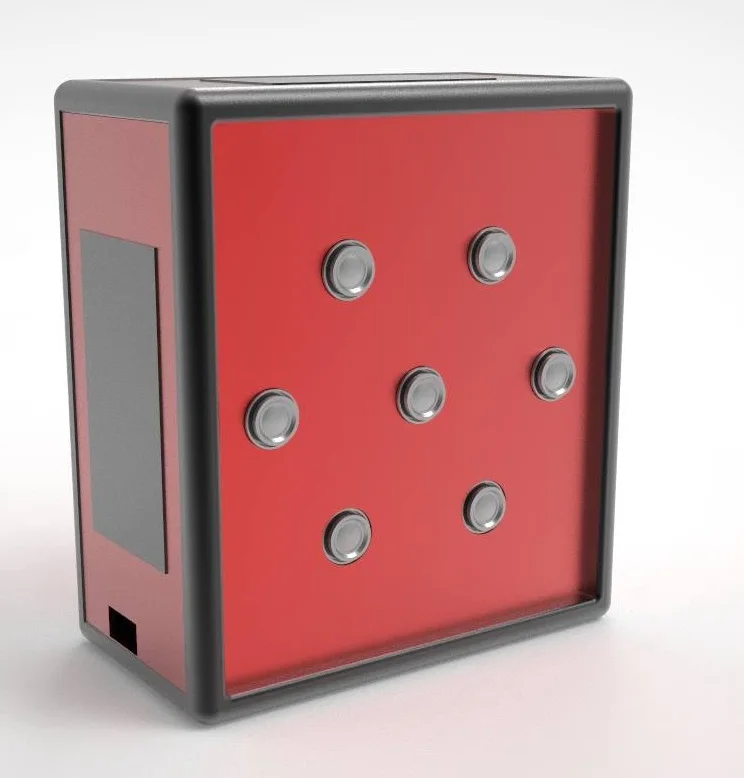 Red camera housing/product rendering with multiple lens apertures.