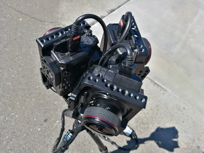 Two cinema cameras and capture hardware on the custom rig commissioned by YBVR.