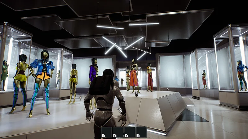 Avatar inside a museum/gallery-style prototype environment.