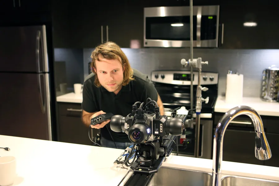 Director of photography Max Schmige tests the Mini EYE4 camera on a motion track for Rose Colored.