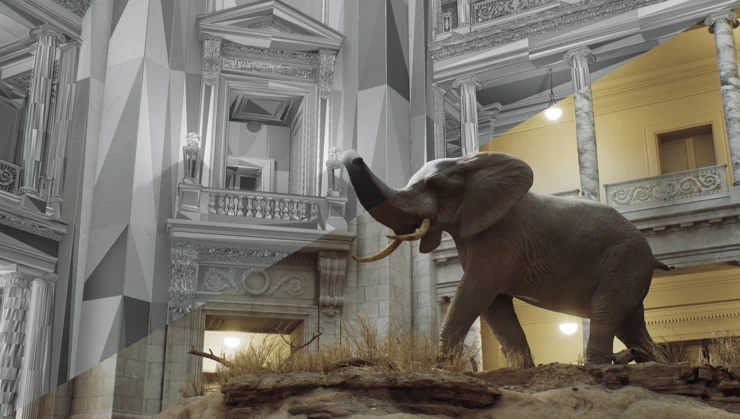 Museum environment with an elephant exhibit — project environment render.