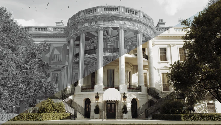 White House environment, geometry and finished shading comparison — project environment render.
