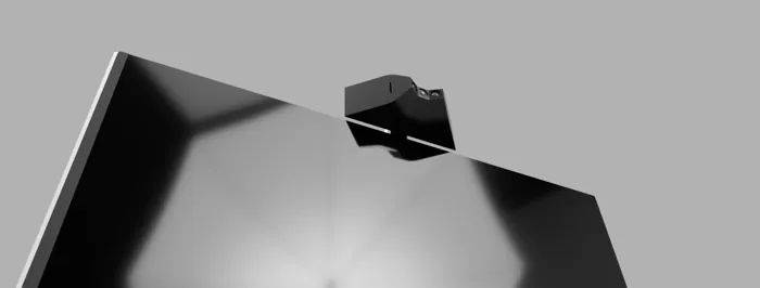 Mobile Portrait concept render. Camera module mounted above the display, rear oblique view.