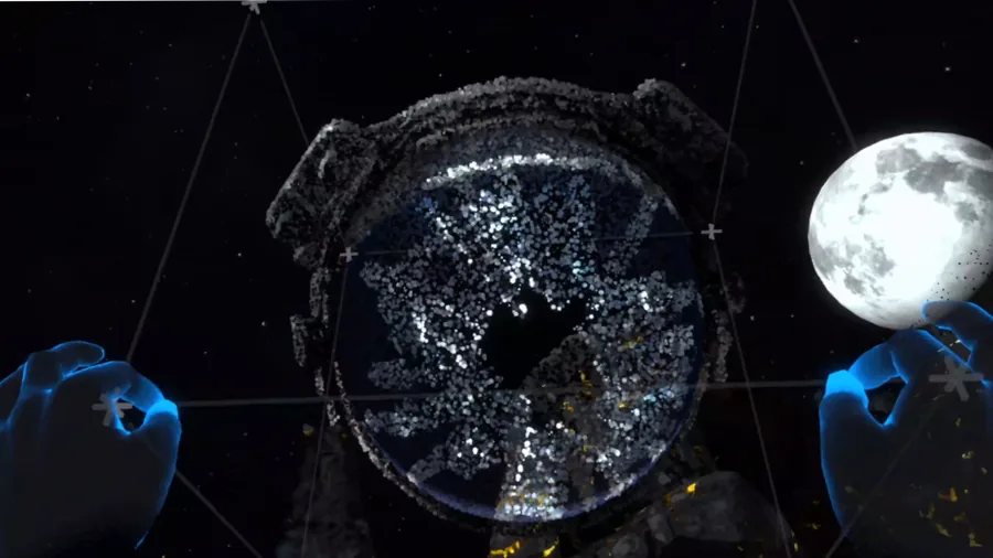 ASTEROID interactive experience: helmet interface and hand controllers.
