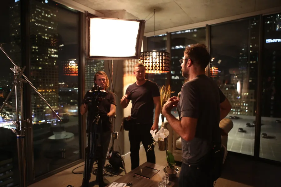 The Mini EYE4 camera and crew on the set of Rose Colored.