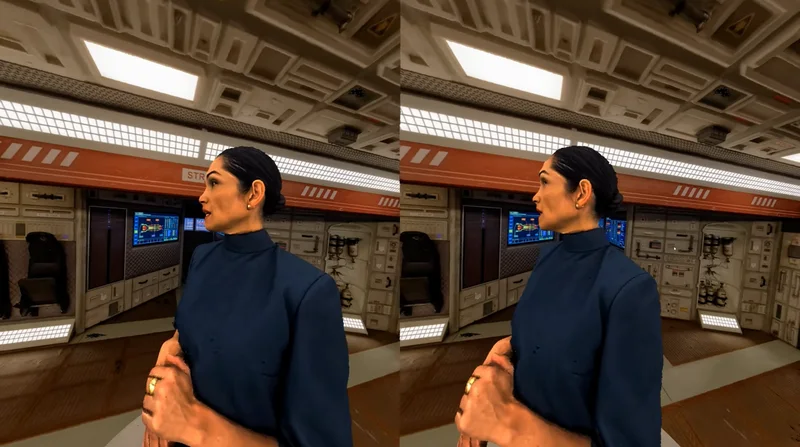 Reconstructed performer presented side by side in a spatial scene.
