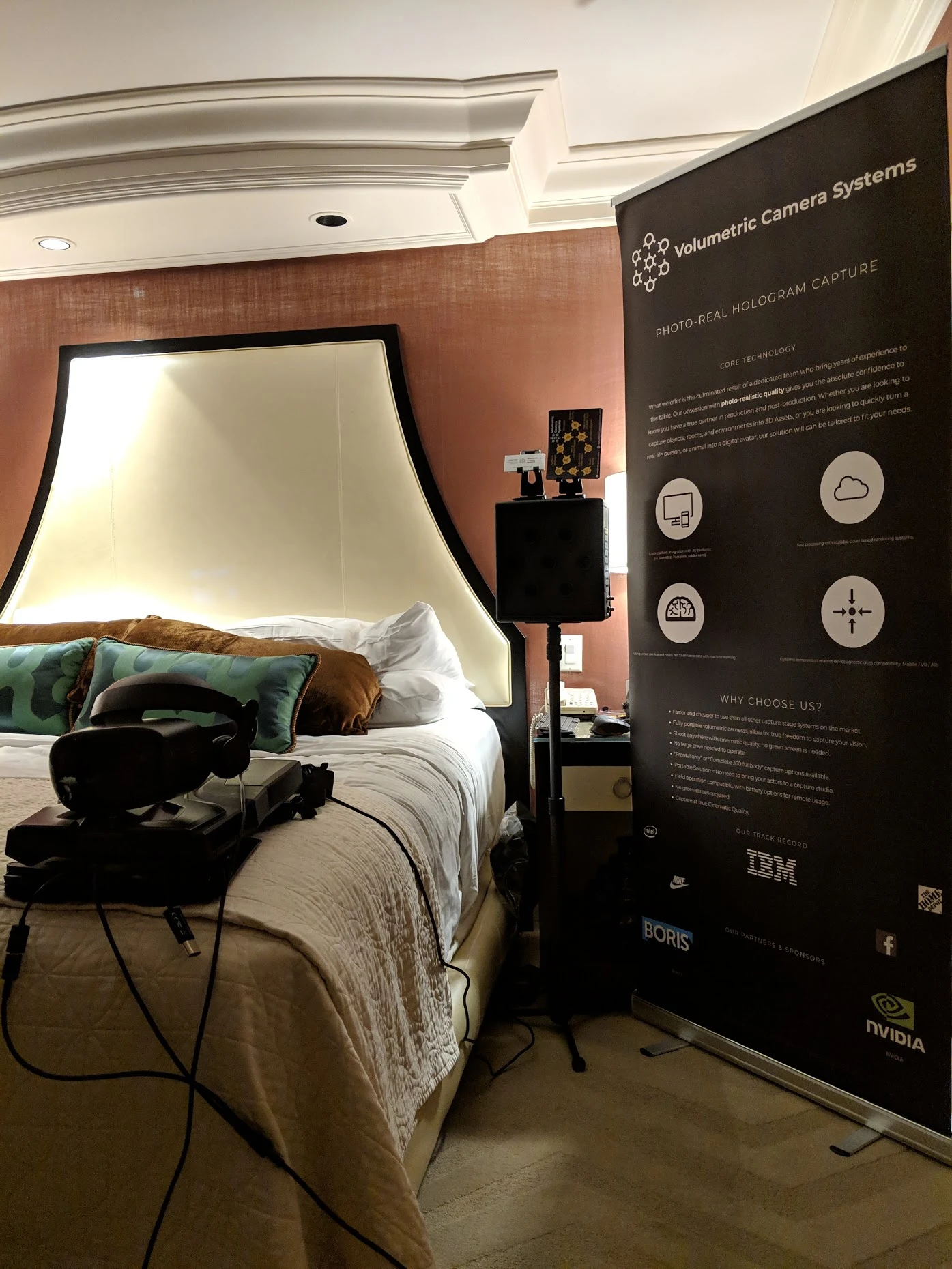 VCS banner, compact camera and VR headset in the Bellagio private demonstration room.