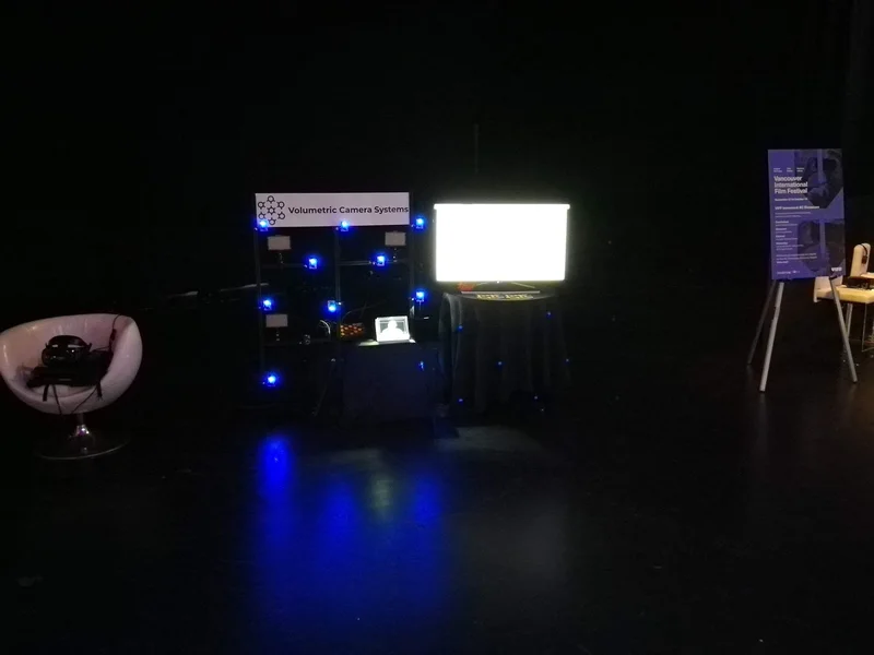 Landscape view of the lit VCS camera array and VR demonstration in a dark booth.