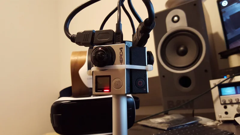 Prototype live-stitch/TouchDesigner camera hardware on a workbench.
