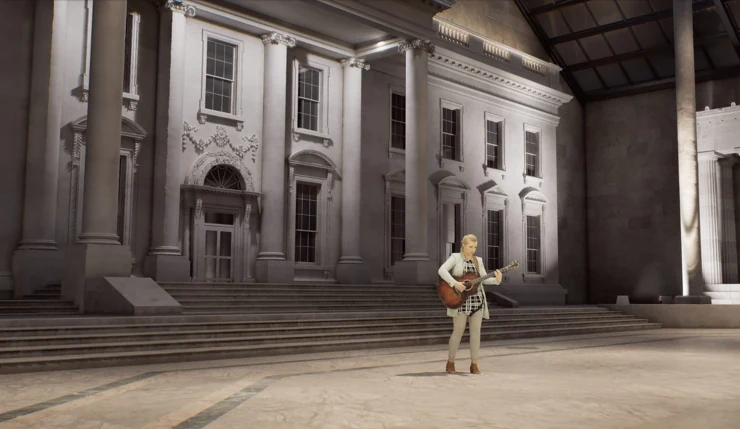 Captured guitar performance inside the SuperMuseum gallery — experience frame. Image source: Company E.