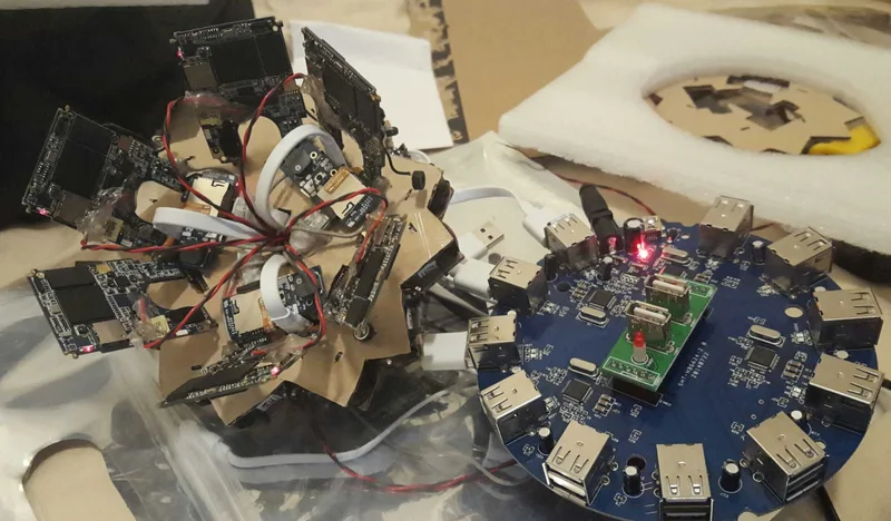 Two early multi-camera assemblies opened to show internal electronics and sensor arrangement.