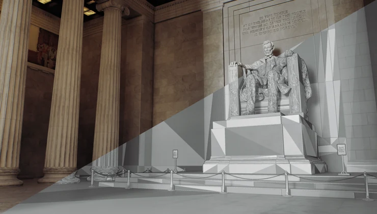 Lincoln Memorial environment, geometry and finished shading comparison — project environment render.