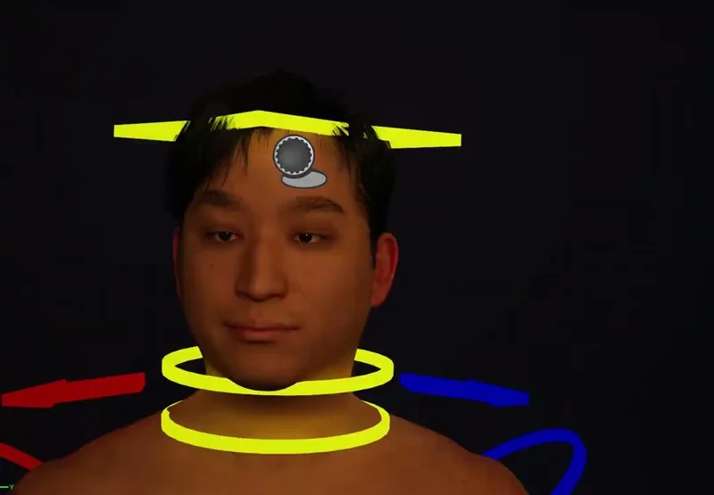 Reconstructed head displayed with alignment guides.