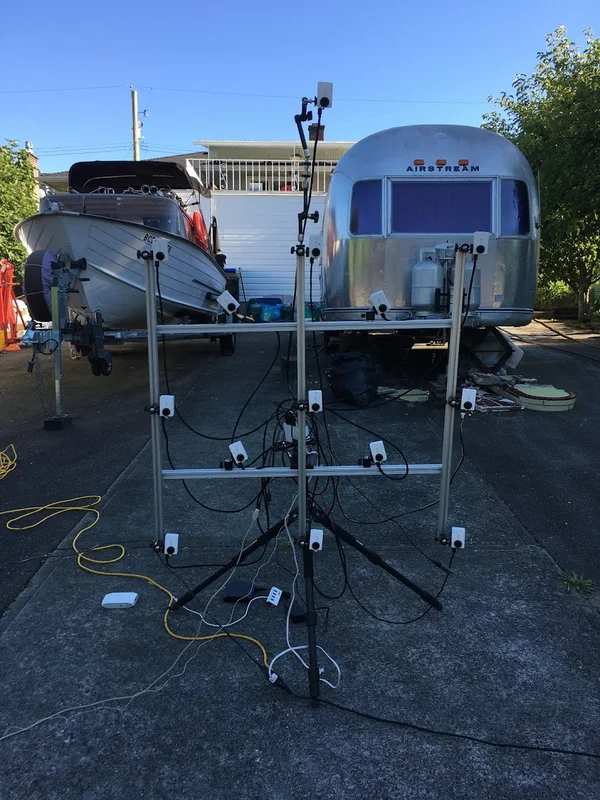 Portable square camera array shown full height outdoors.